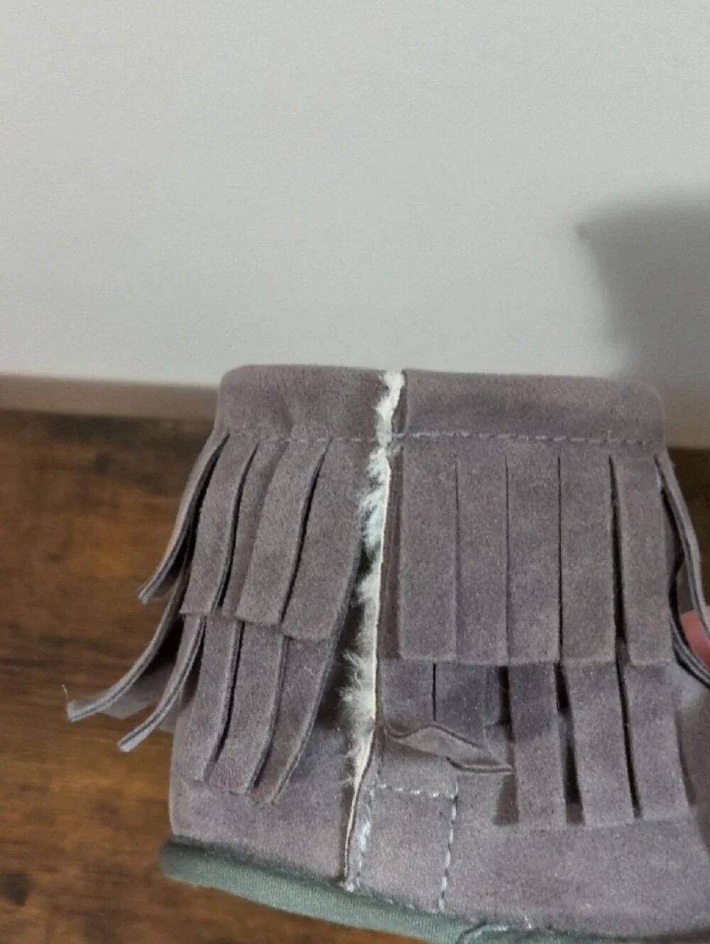 Grey Suede Fringe Bow Moccasin Booties - 6-12 months
